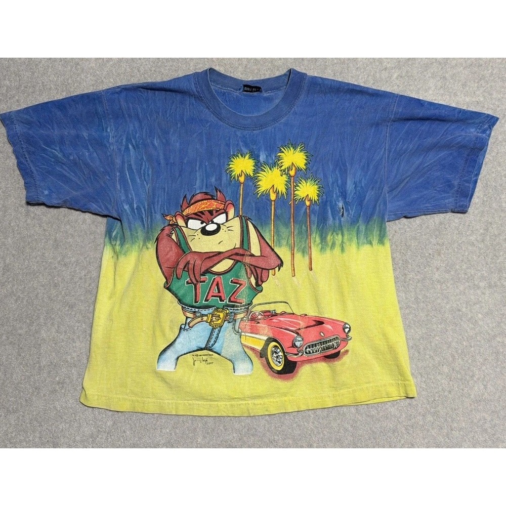Vintage 90s 1993 S/M Taz Looney Tunes Corvette Tye Dye T Shirt